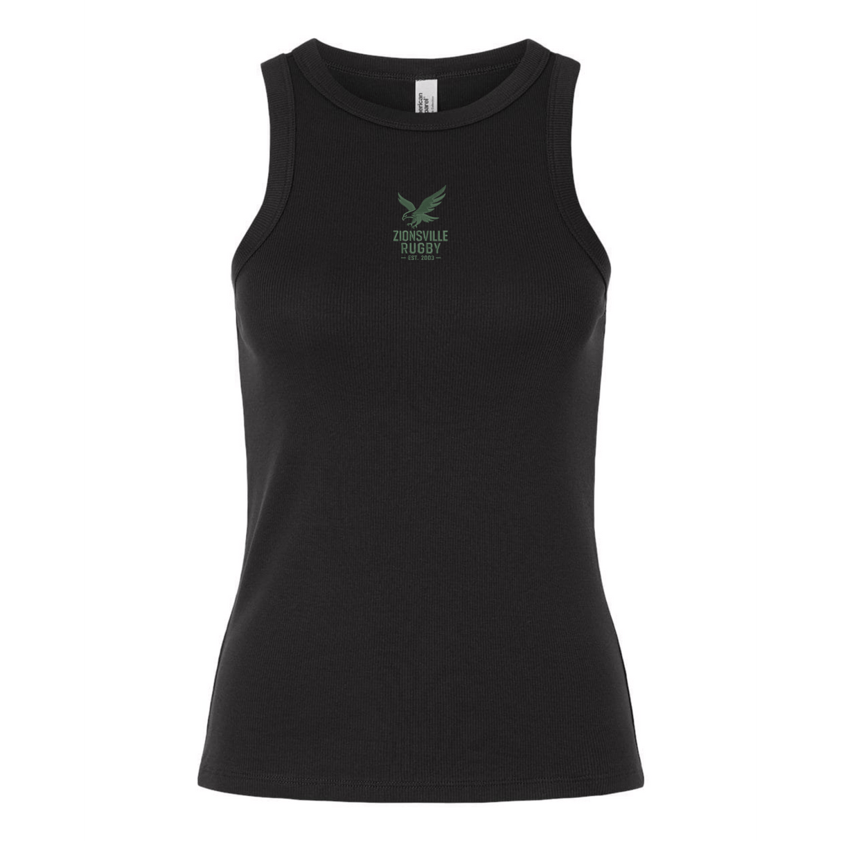 The EMB S&S Activewear Women's Zionsville Rugby Baby Rib Tank features "Zionsville Rugby" and a green eagle logo on the chest—a stylish choice to display your team pride.