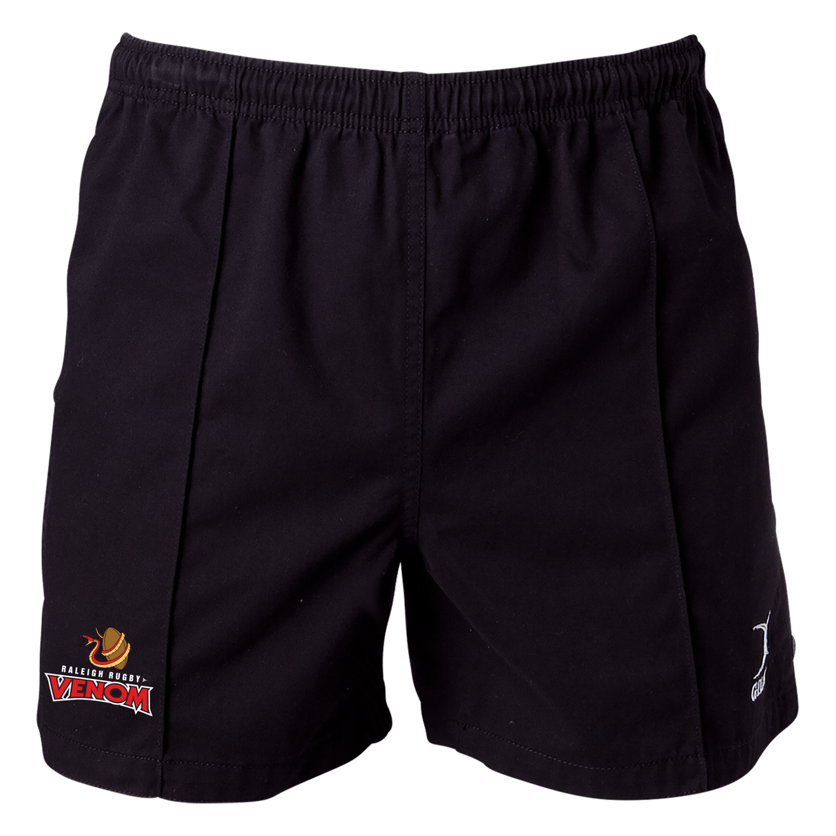 A close up of Raleigh Rugby Venom Gilbert Black Kiwi Pro Youth Rugby Shorts with a logo on it.