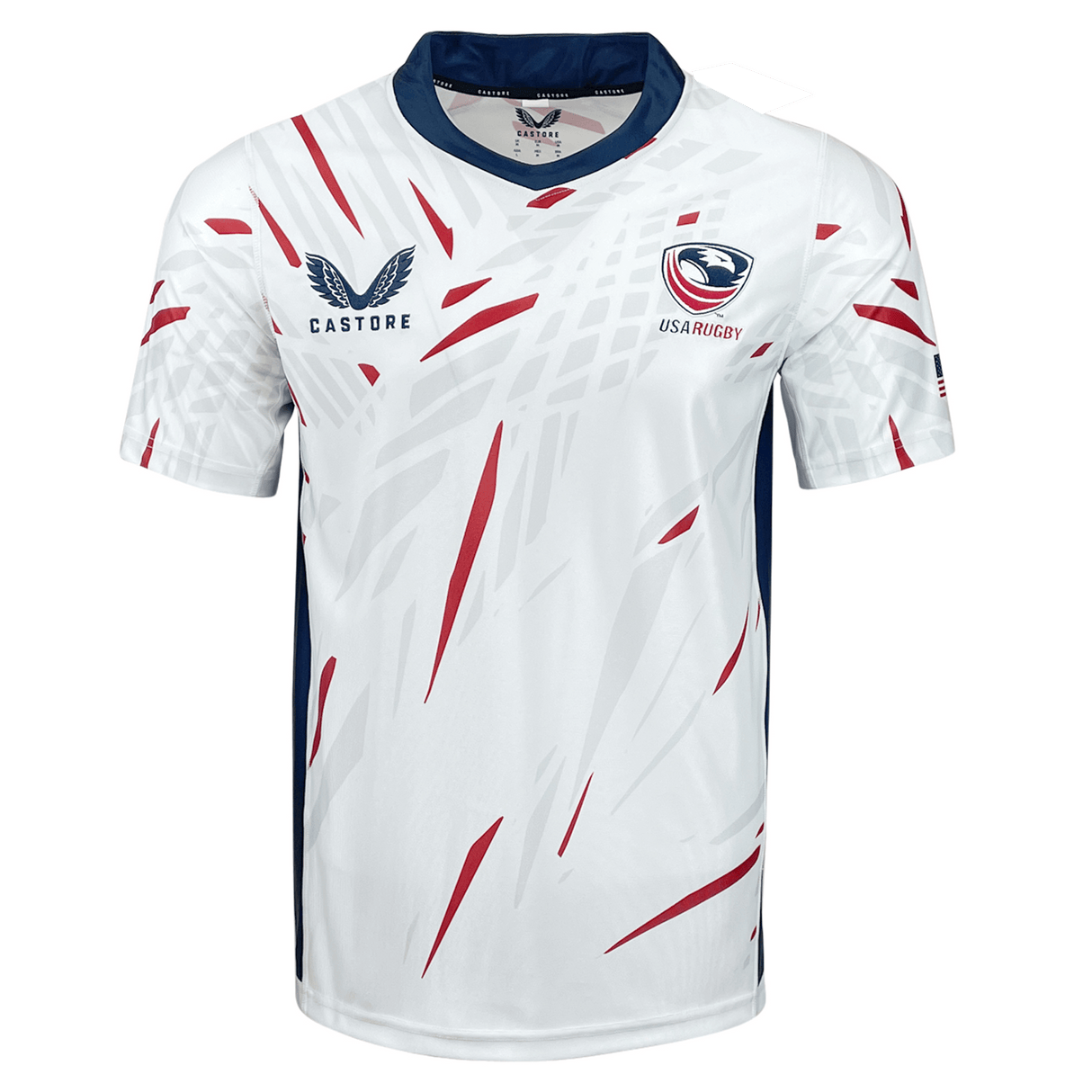 White short sleeve slight v-neck shirt with navy neck and side trim. Red, white and gray pattern with Castore symbol on right chest and USA Rugby on the left chest.