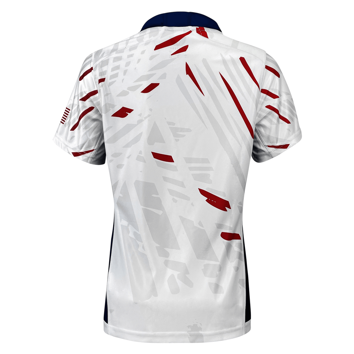 Back side of white, red and blue trimmed short sleeve rugby jersey.