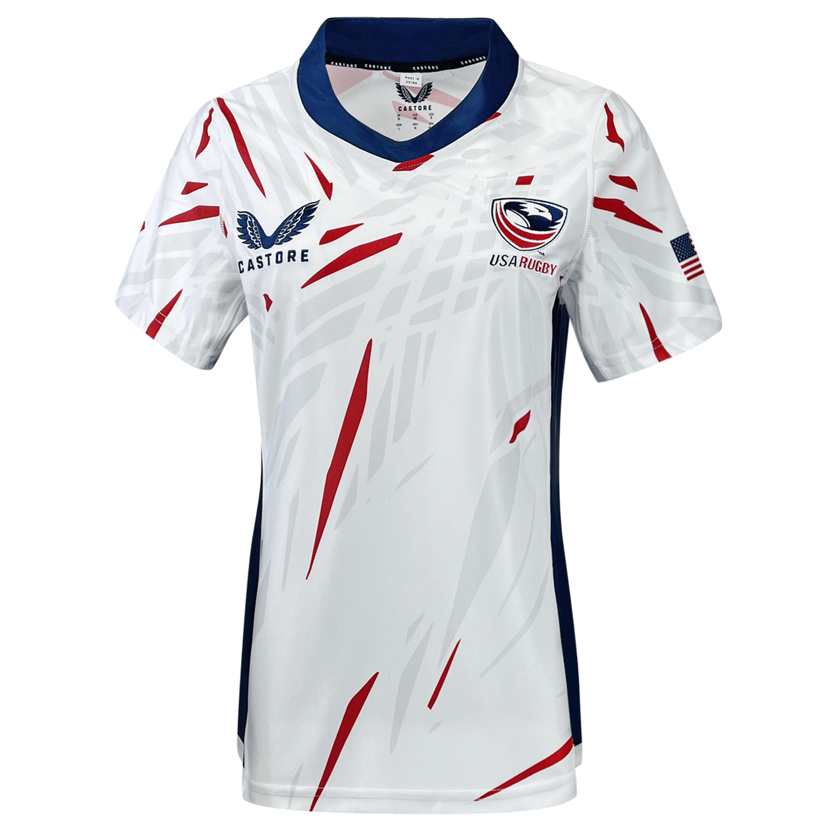 White, red and blue V-neck short sleeve rugby jersey with Castore on upper right chest and USA Rugby crest on upper left chest.