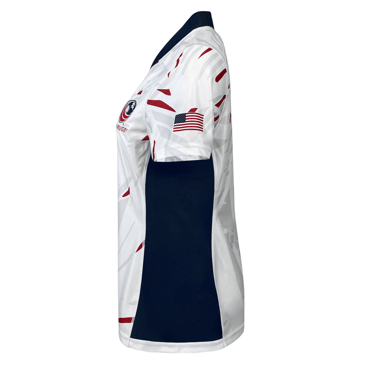 Side view of white, red and blue rugby jersey. A blue panel runs down the side and the American flag is on the left sleeve.