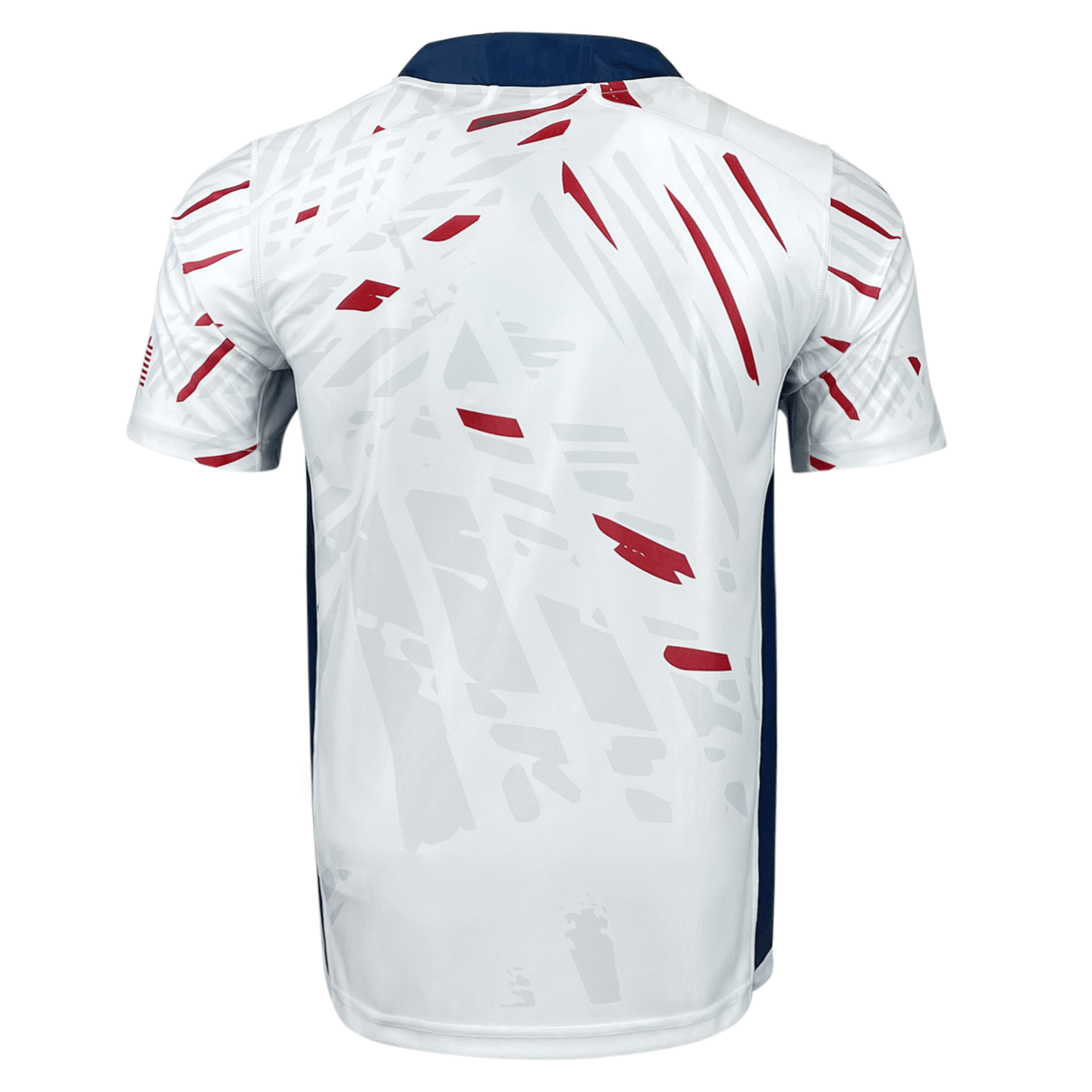 Back side of white rugby short sleeve jersey with navy collar and sides. Red, gray and white designs in the fabric.