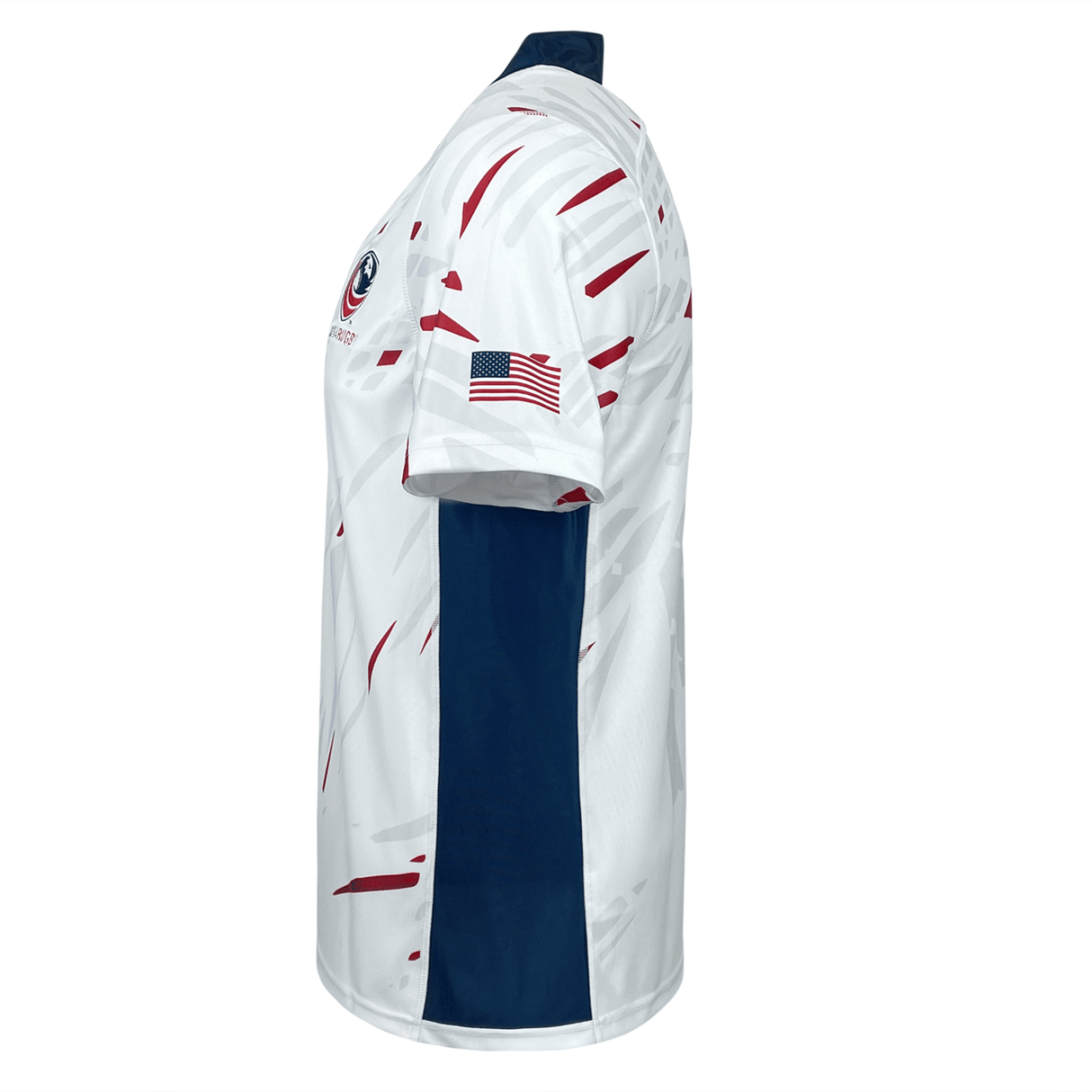 Side view of white rugby jersey with navy collar and side panel. The American flag is on the left sleeve.