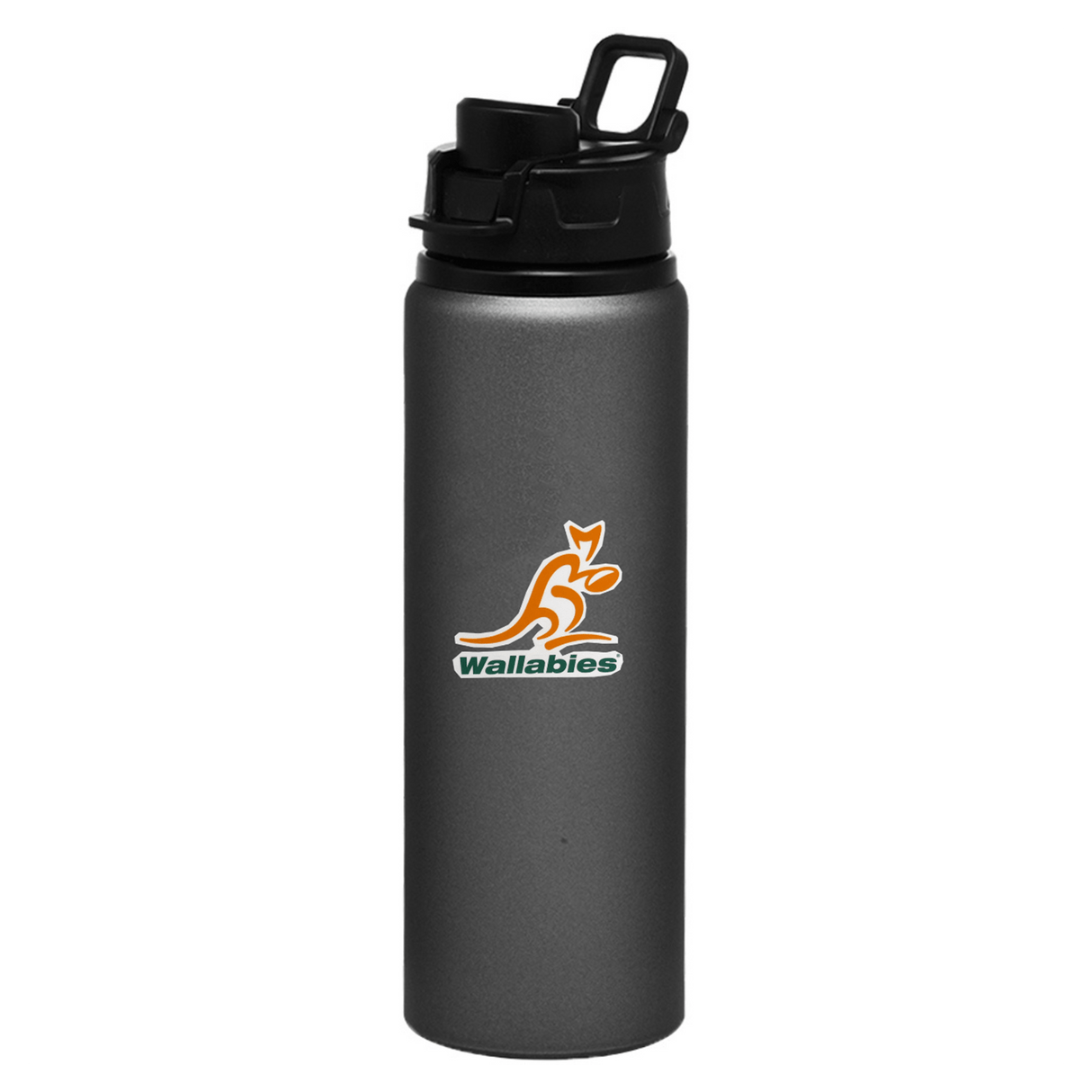 the Wallabies Rugby Sticker Sheet - 25 Stickers by World Rugby Shop on a black water bottle.