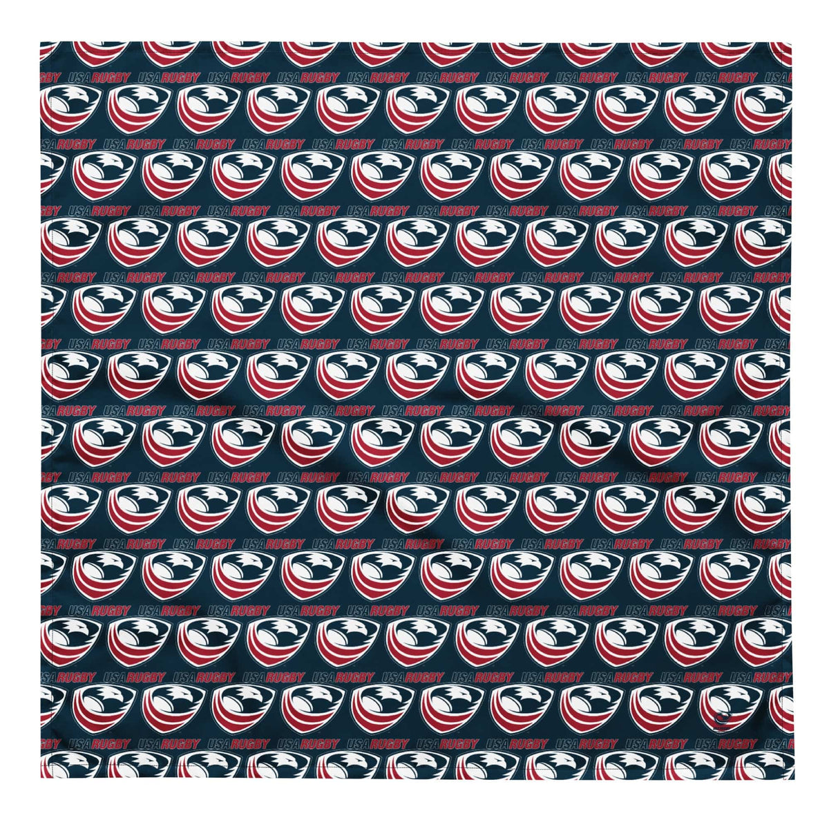 Navy bandana with a pattern of USA Rugby logos throughout.