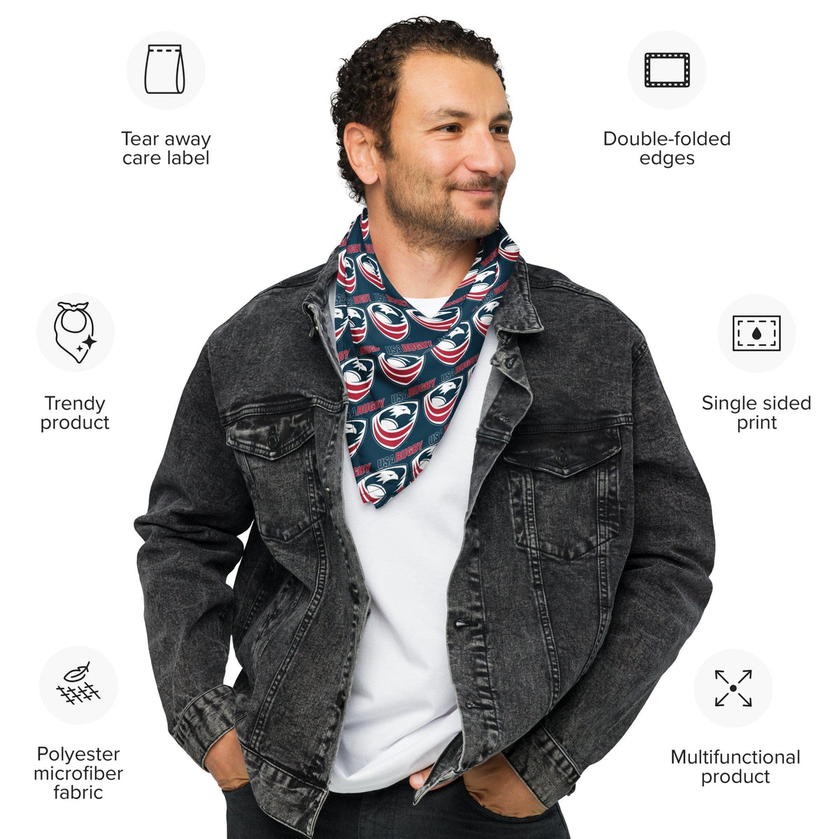 Man in a jean jacket and white tee wearing a USA Rugby bandana around his neck. Item features listed around the man.