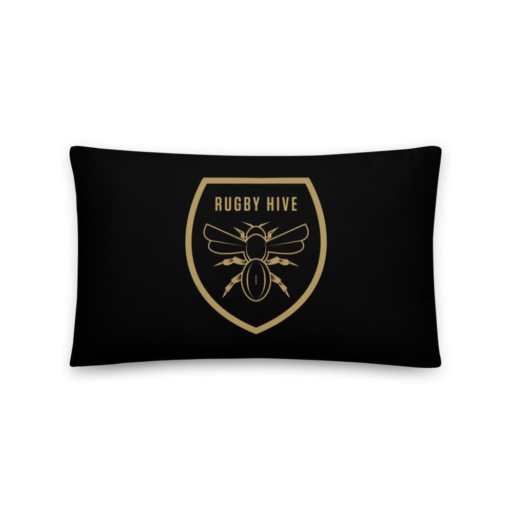 A Rugby Hive Basic Pillow with black and gold colors and a bee picture on it.