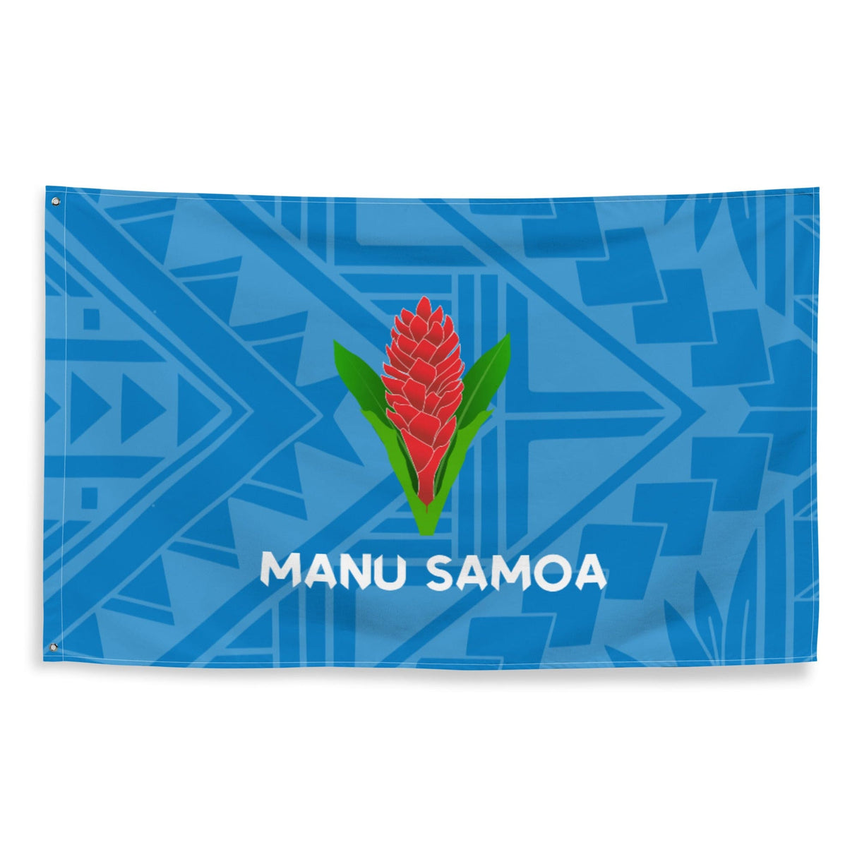 Flag with royal and light blue geometric design and a Manu Samoa logo.