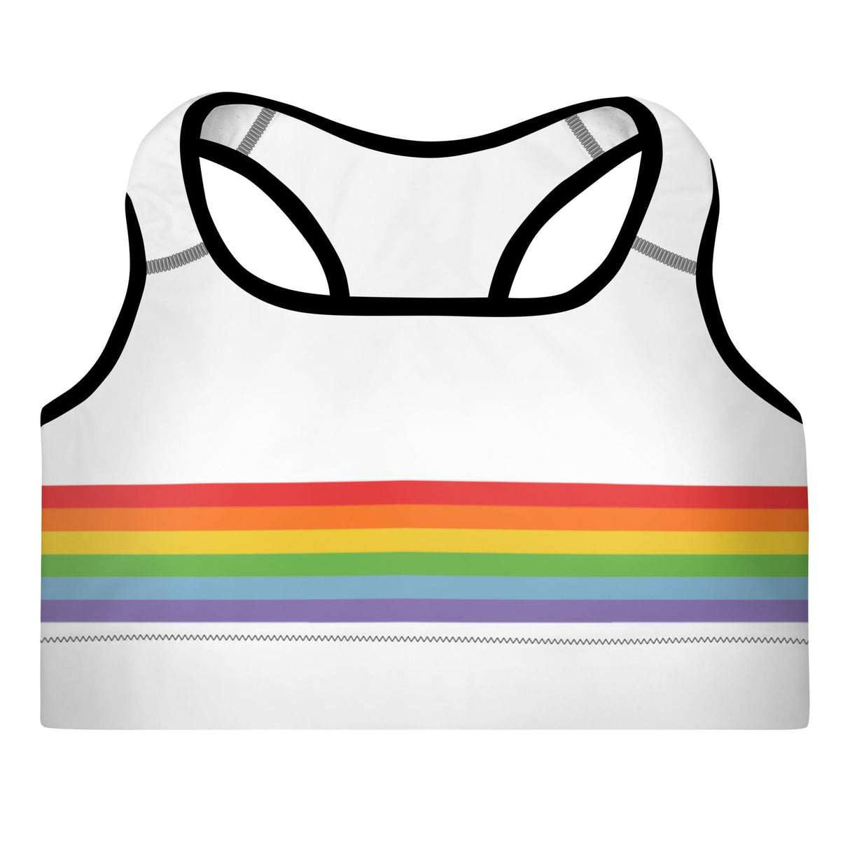 White sports bra with black piping and rainbow colored stripes across the middle.