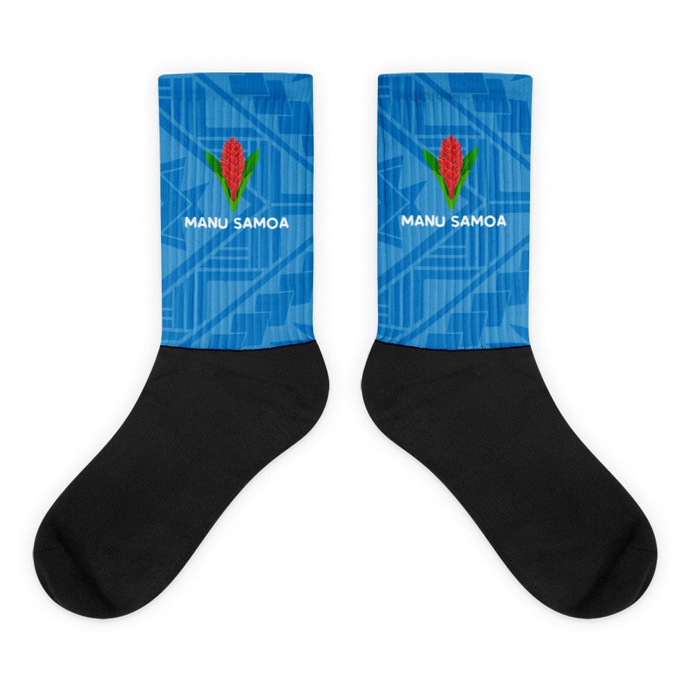 Crew socks with black feet and a blue on blue geometric design up the leg with a Manu Samoa logo.