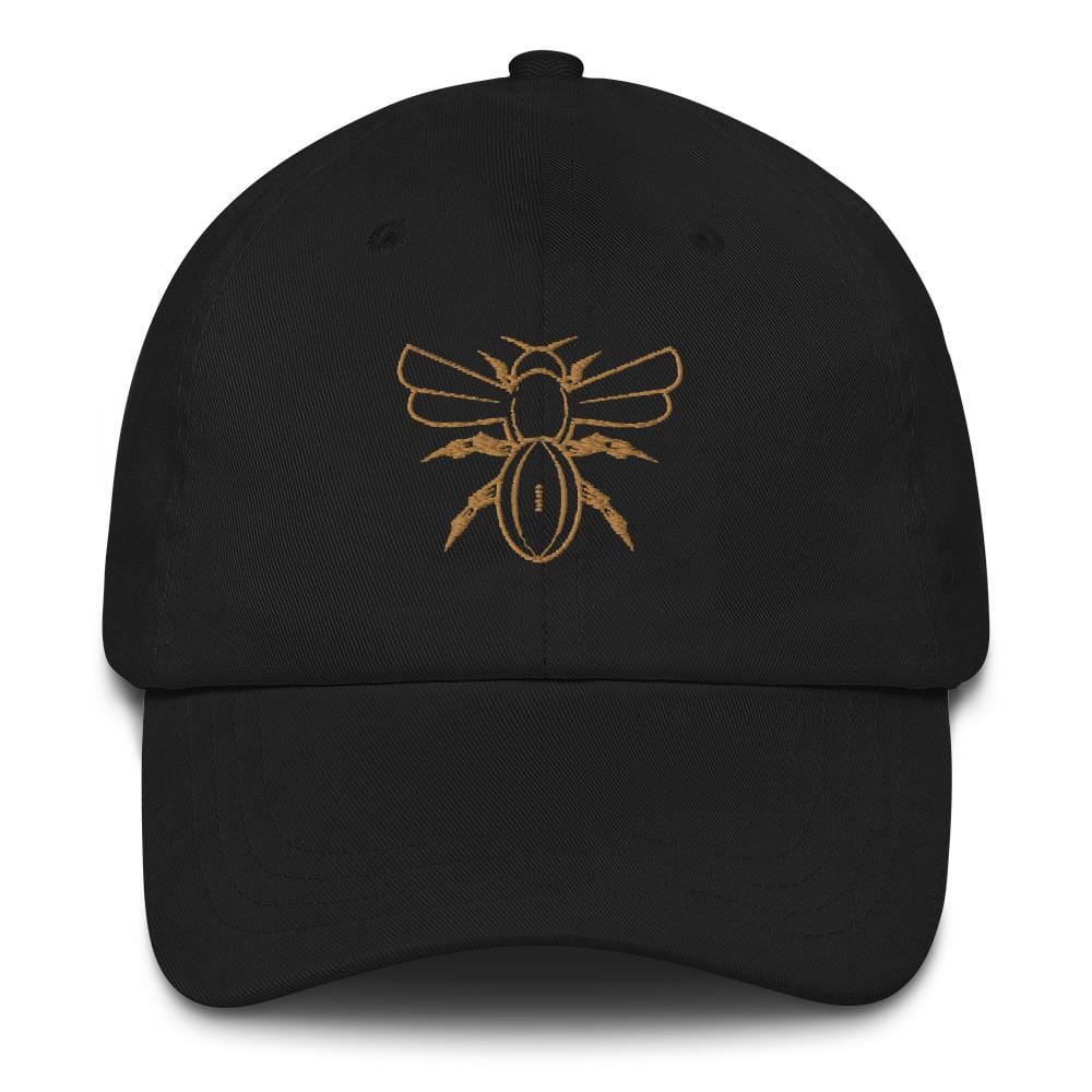 A Rugby Hive Cap with a gold bee embroidered on it.
