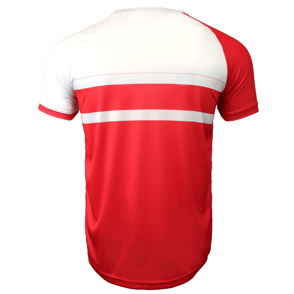 Back side of red and white round neck short sleeve jersey. White back, left shoulder and sleeve trimmed in red. Red right shoulder and sleeve. Red and white horizontal stripes in the center with lower torso in red.