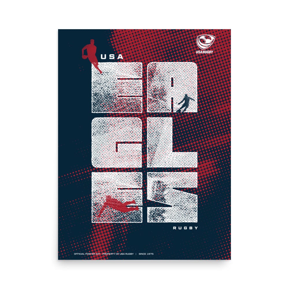 Poster with blue and red background, 'EAGLES' vertical inscription in center with rugby player silhouettes in the letters and USAR logo upper right corner.
