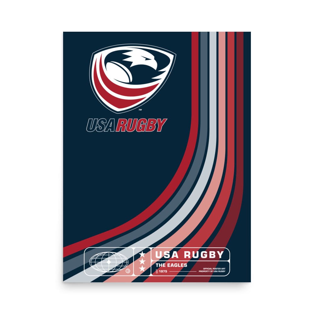 Navy poster with USAR logo upper left and rainbow-like red, blue and white stripes from bottom left to upper right corners. USA Rugby inscription at bottom.