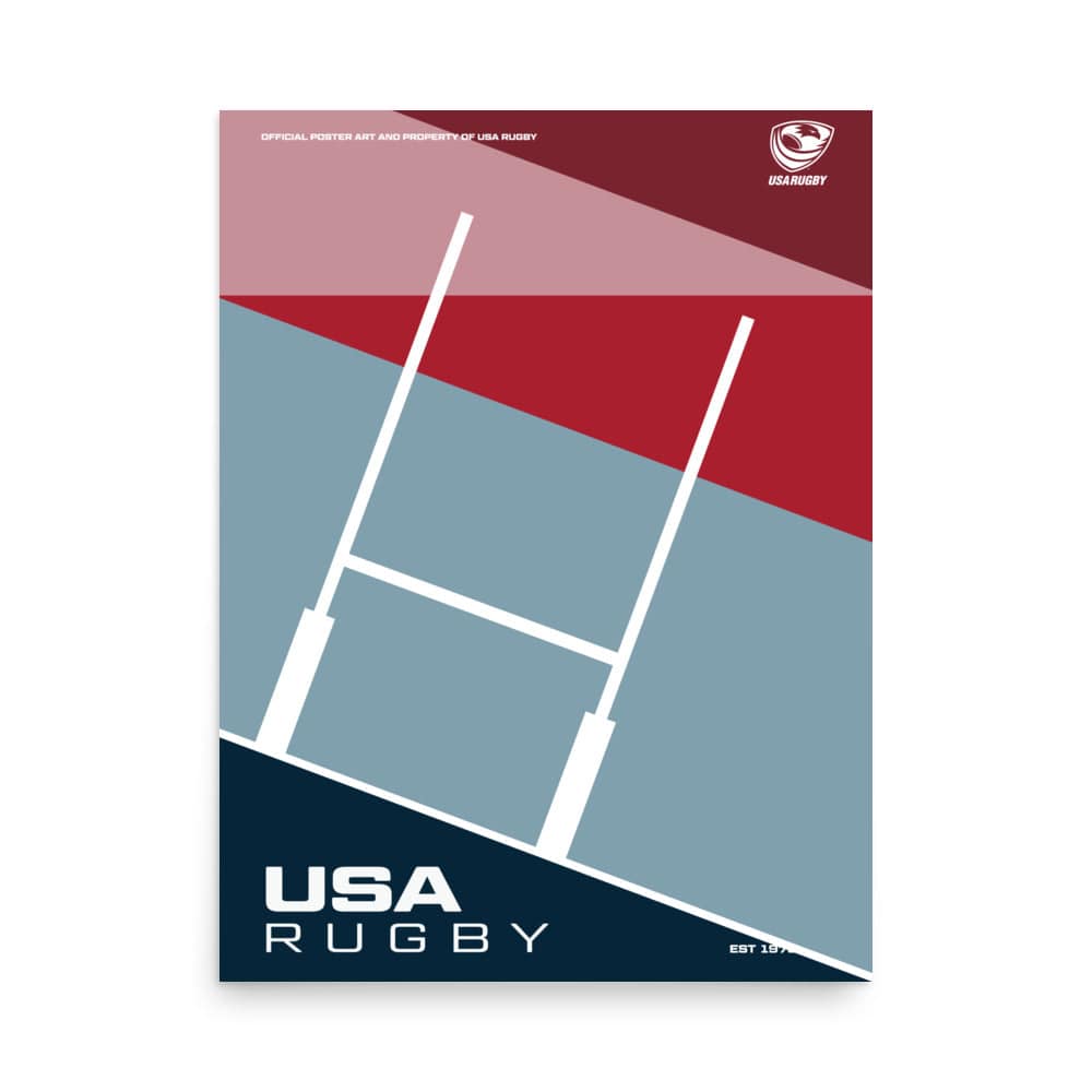 Poster with a diagonal red and blue geometric design and white goal posts and USA RUGBY inscription lower left corner, as well as USAR branding in the upper corner.
