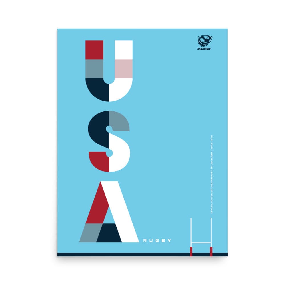 Light blue poster with a large, vertical USA text design on the left and USAR logo upper right corner and goal posts lower right corner.