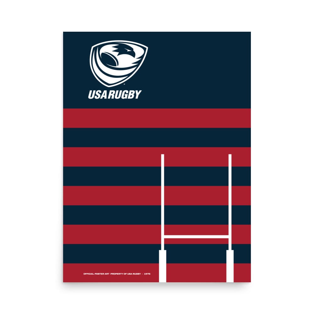 Navy poster with red, horizontal stripes, a white USAR logo upper left corner and white goal posts lower right corner.