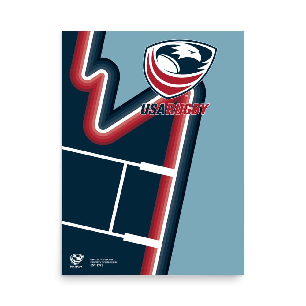 Poster with dark and light blue background, a red, white and blue stripes swerving from bottom to top, USAR logo upper right and goal posts displayed on a diagonal lower left.
