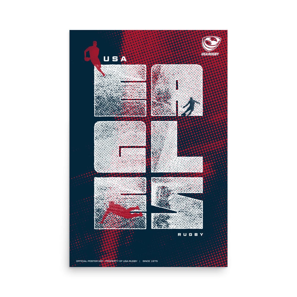 Poster with blue and red background, 'EAGLES' vertical inscription in center with rugby player silhouettes in the letters and USAR logo upper right corner.