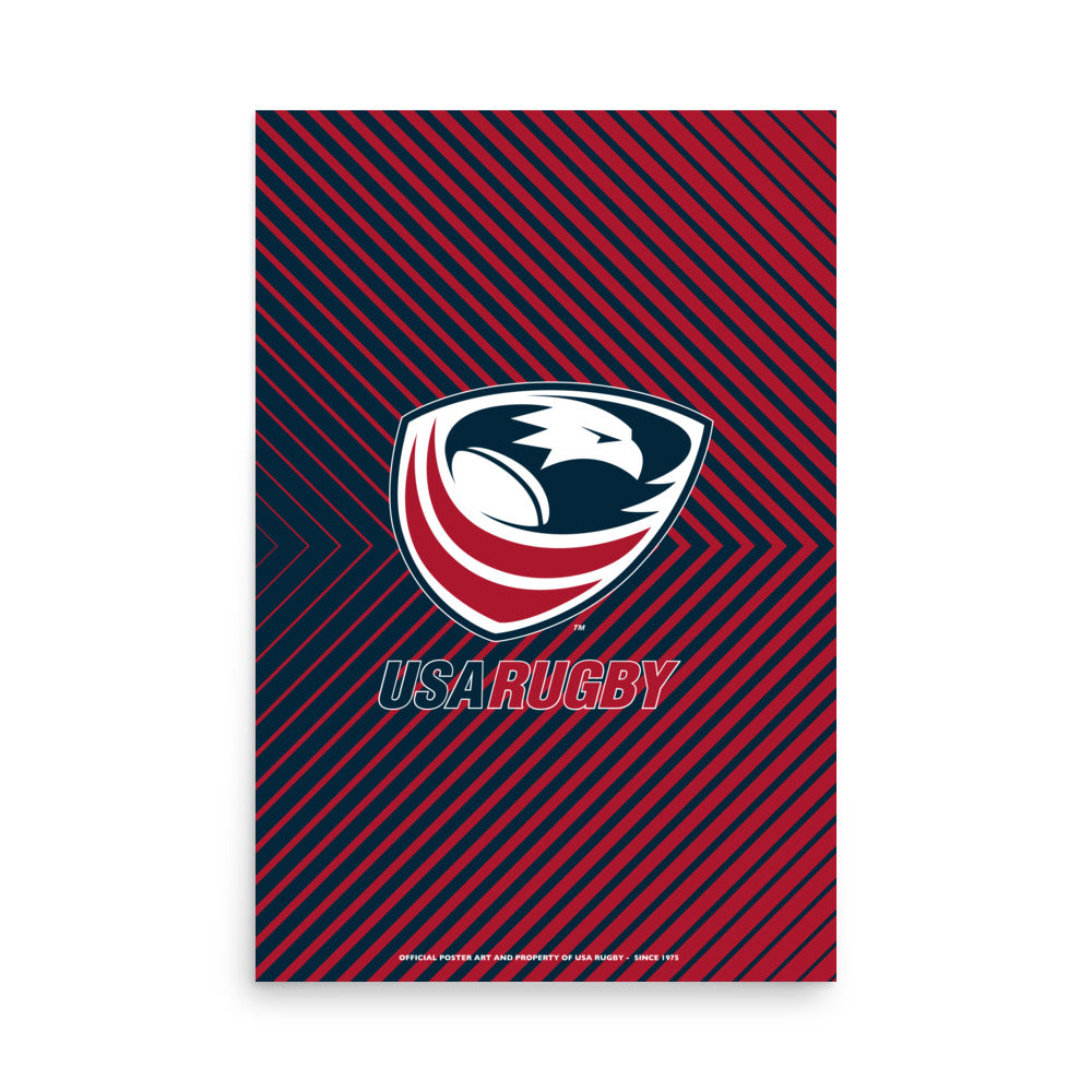 Poster with red and blue herringbone background and large USAR logo in the center.