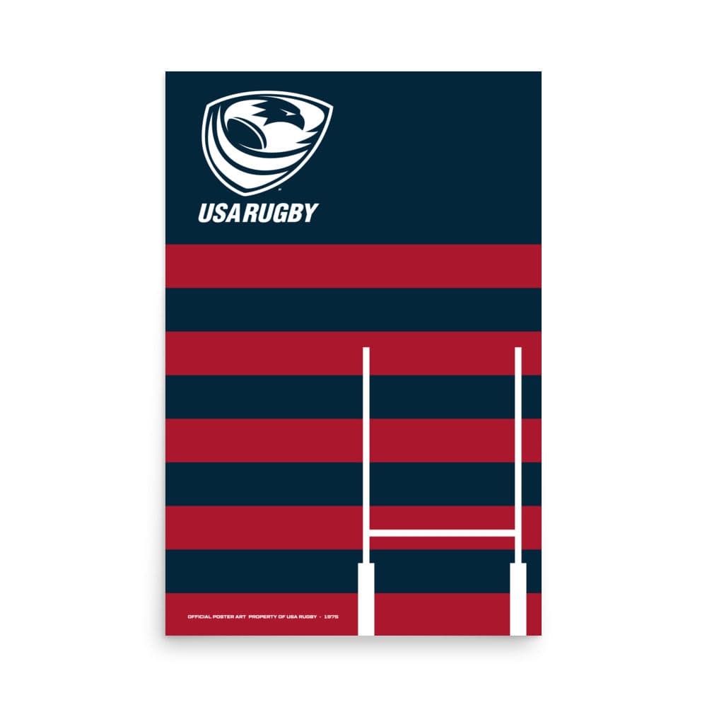 Navy poster with red, horizontal stripes, a white USAR logo upper left corner and white goal posts lower right corner.
