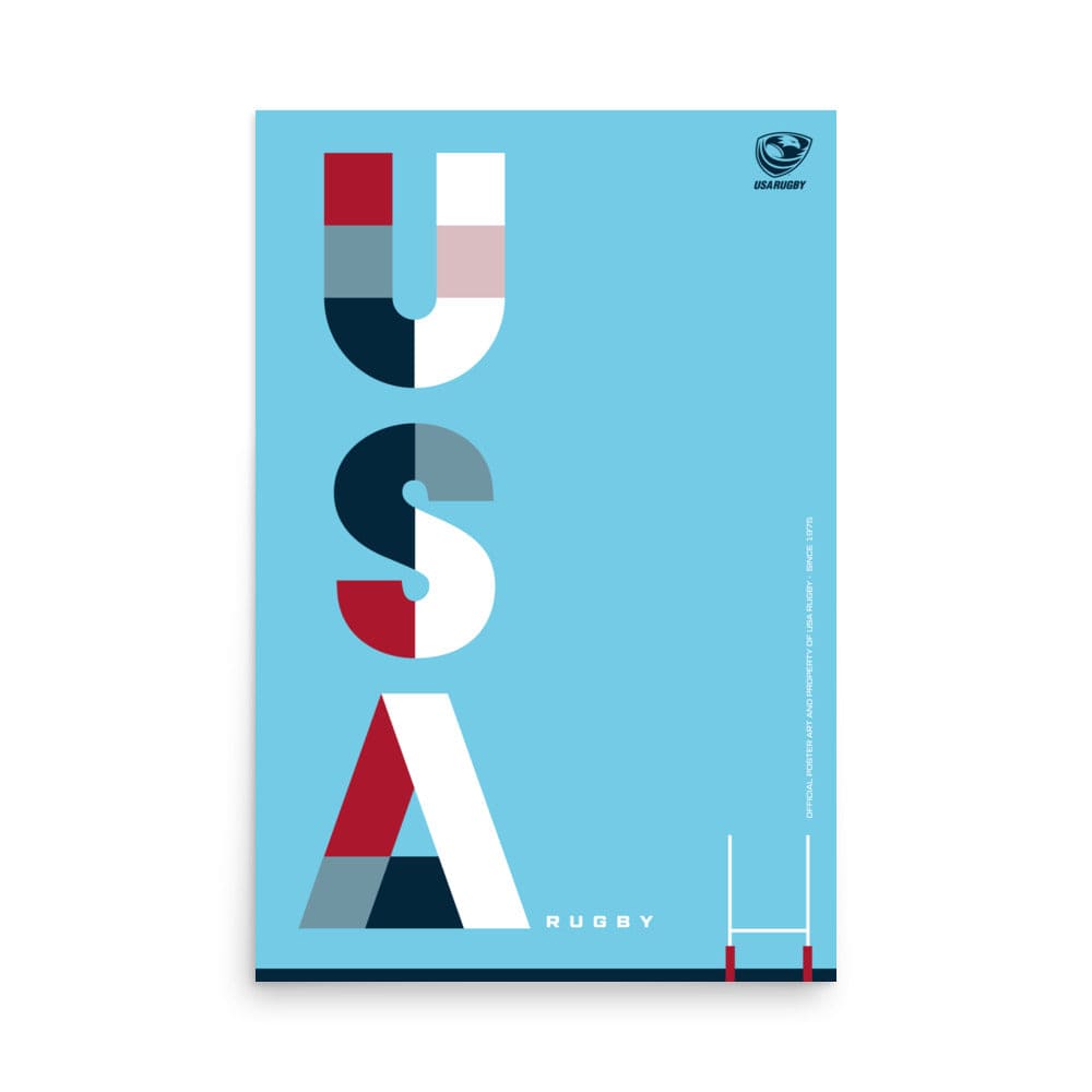 Light blue poster with a large, vertical USA text design on the left and USAR logo upper right corner and goal posts lower right corner.