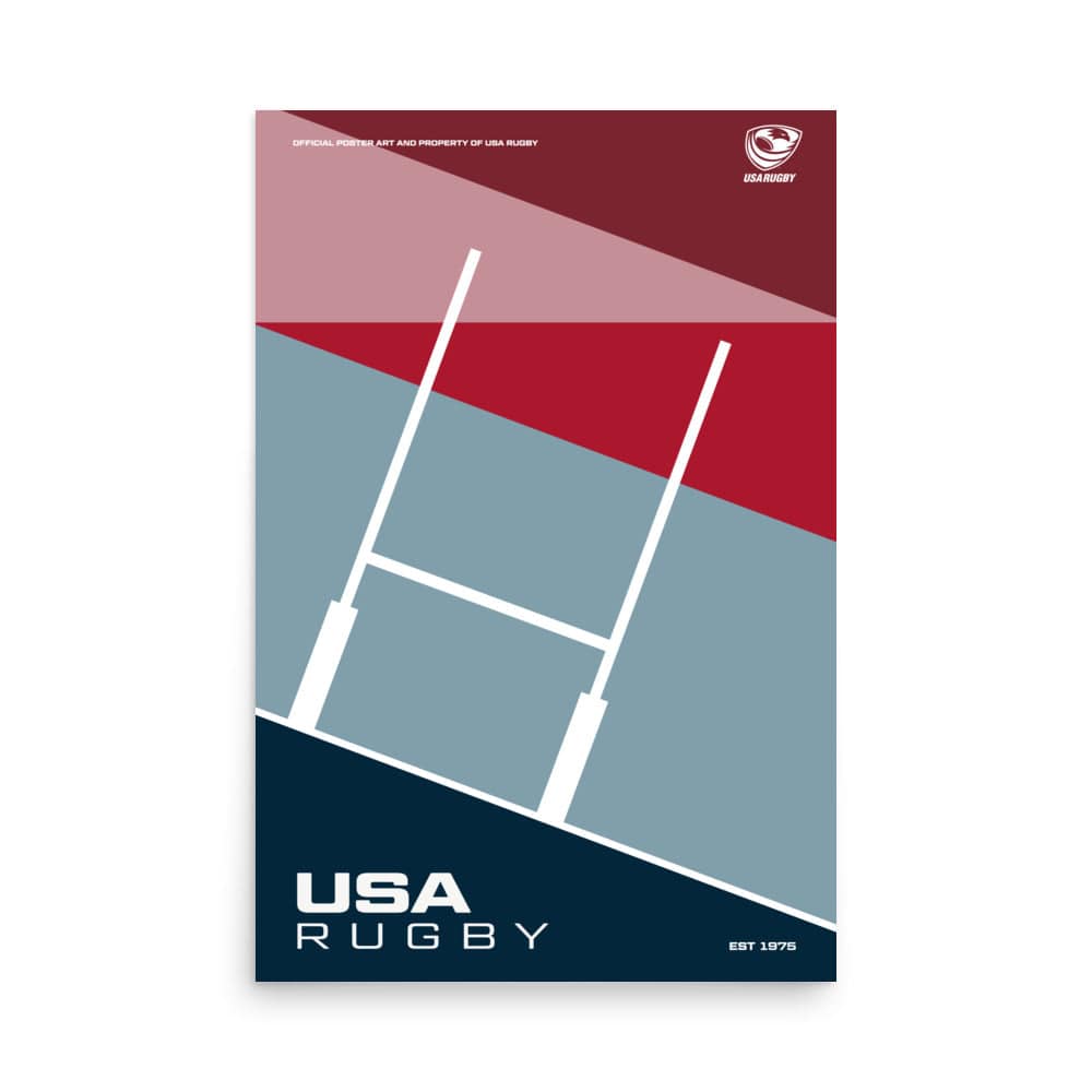 Poster with a diagonal red and blue geometric design and white goal posts and USA RUGBY inscription lower left corner, as well as USAR branding in the upper corner.