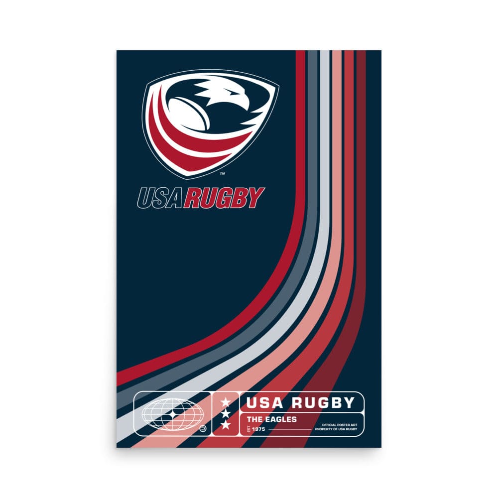 Navy poster with USAR logo upper left and rainbow-like red, blue and white stripes from bottom left to upper right corners. USA Rugby inscription at bottom.
