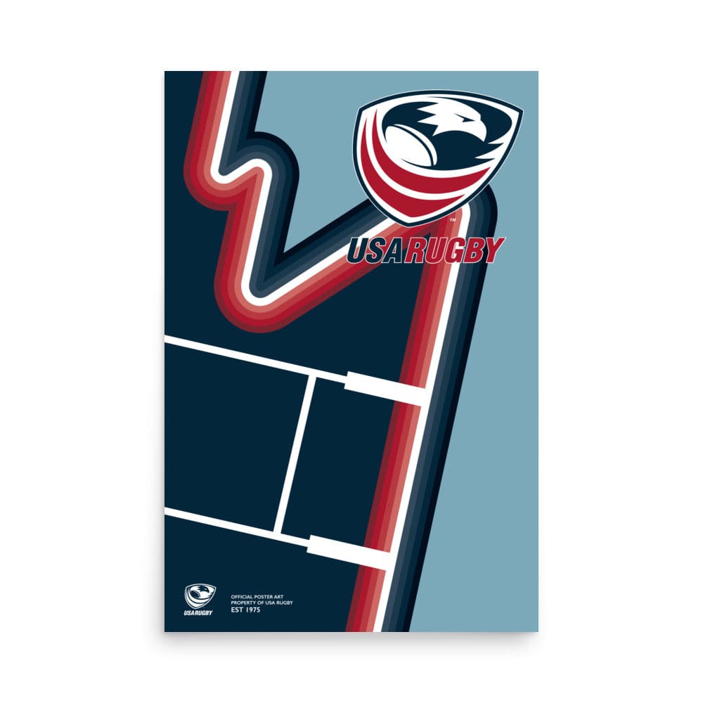 Poster with dark and light blue background, a red, white and blue stripes swerving from bottom to top, USAR logo upper right and goal posts displayed on a diagonal lower left.