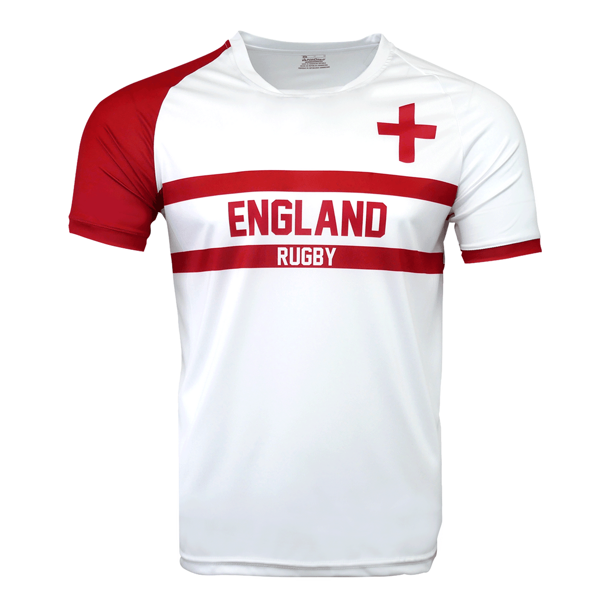 White round neck short sleeve jersey with red right sleeve and left sleeve trimmed in red. England red cross on upper left chest while the word England in red adorns the center of the chest in between two red lines. Rugby in white is below in the red stripe.