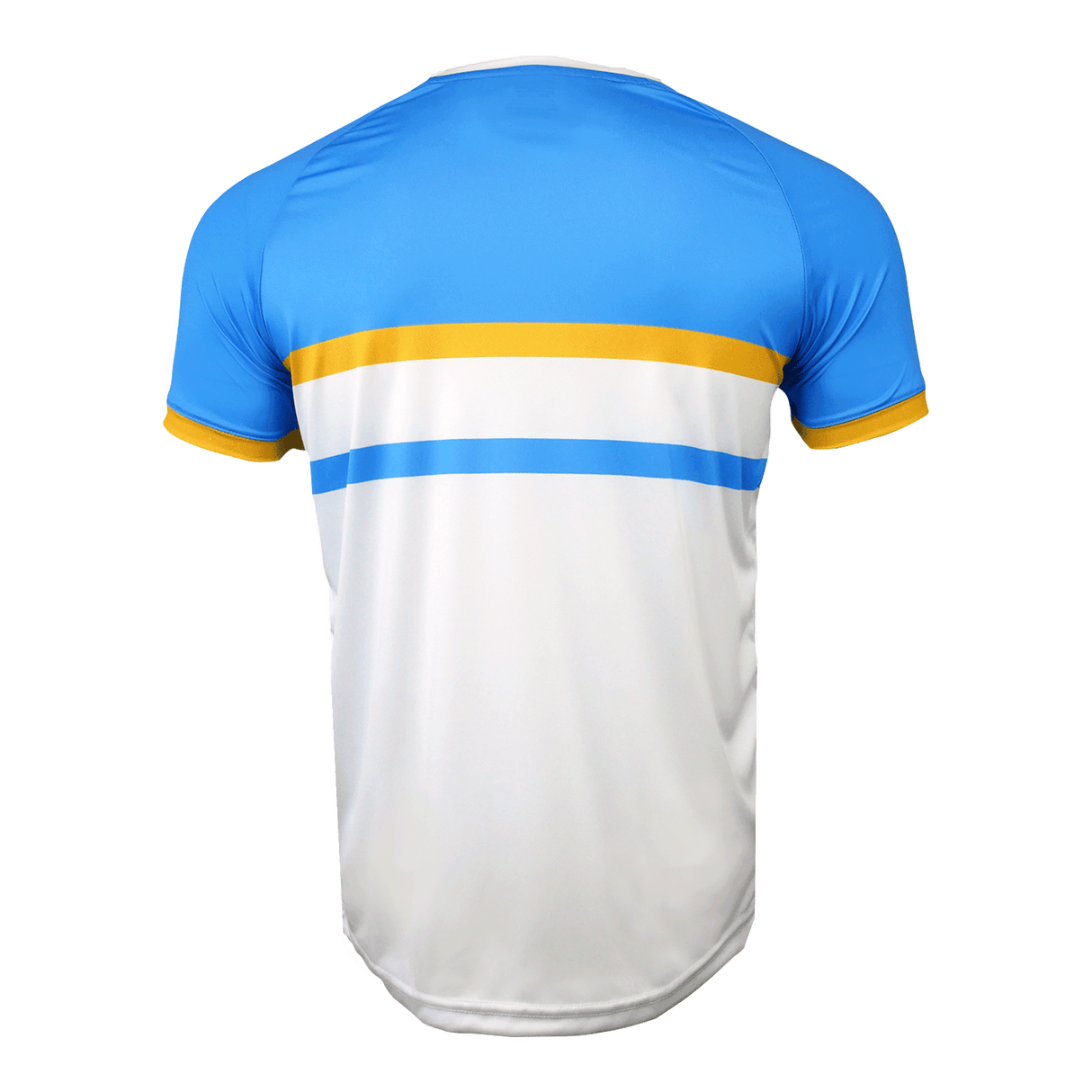 Round neck, short sleeve jersey with light blue upper back with horizonal yellow and blue stripes centered above a white lower area.