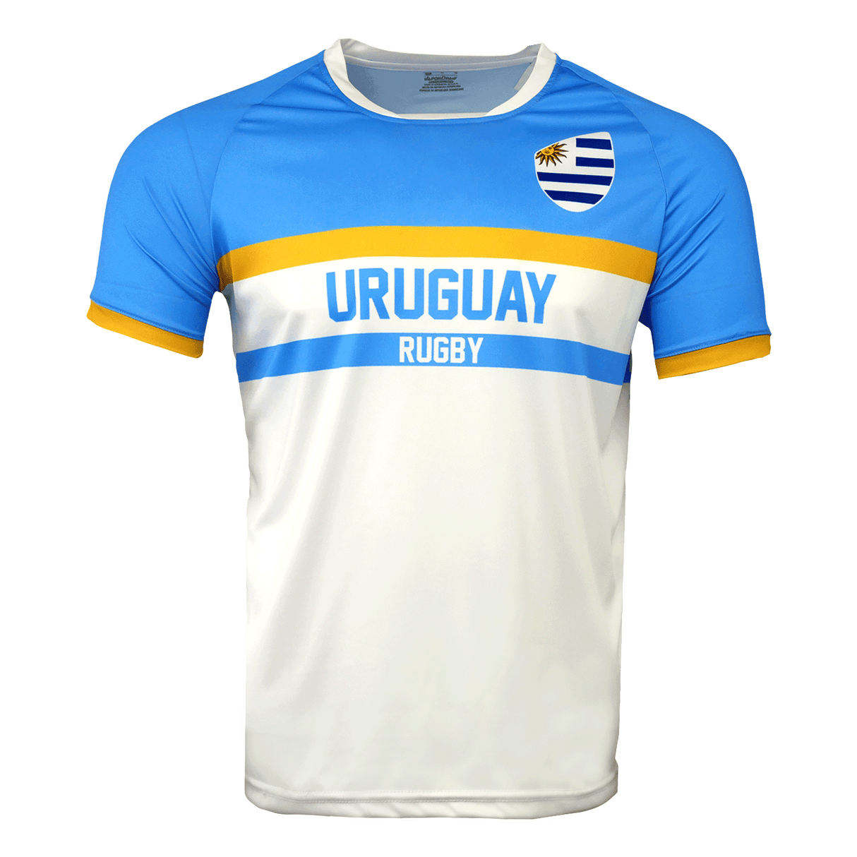 Round neck, short sleeve jersey. Upper chest light blue with Uruguay on upper left chest. Yellow horizontal stipe across upper center of chest and sleeves trimmed in yellow. Light blue horizontal stripe with Uruguay centered and Rugby below. White lower torso.