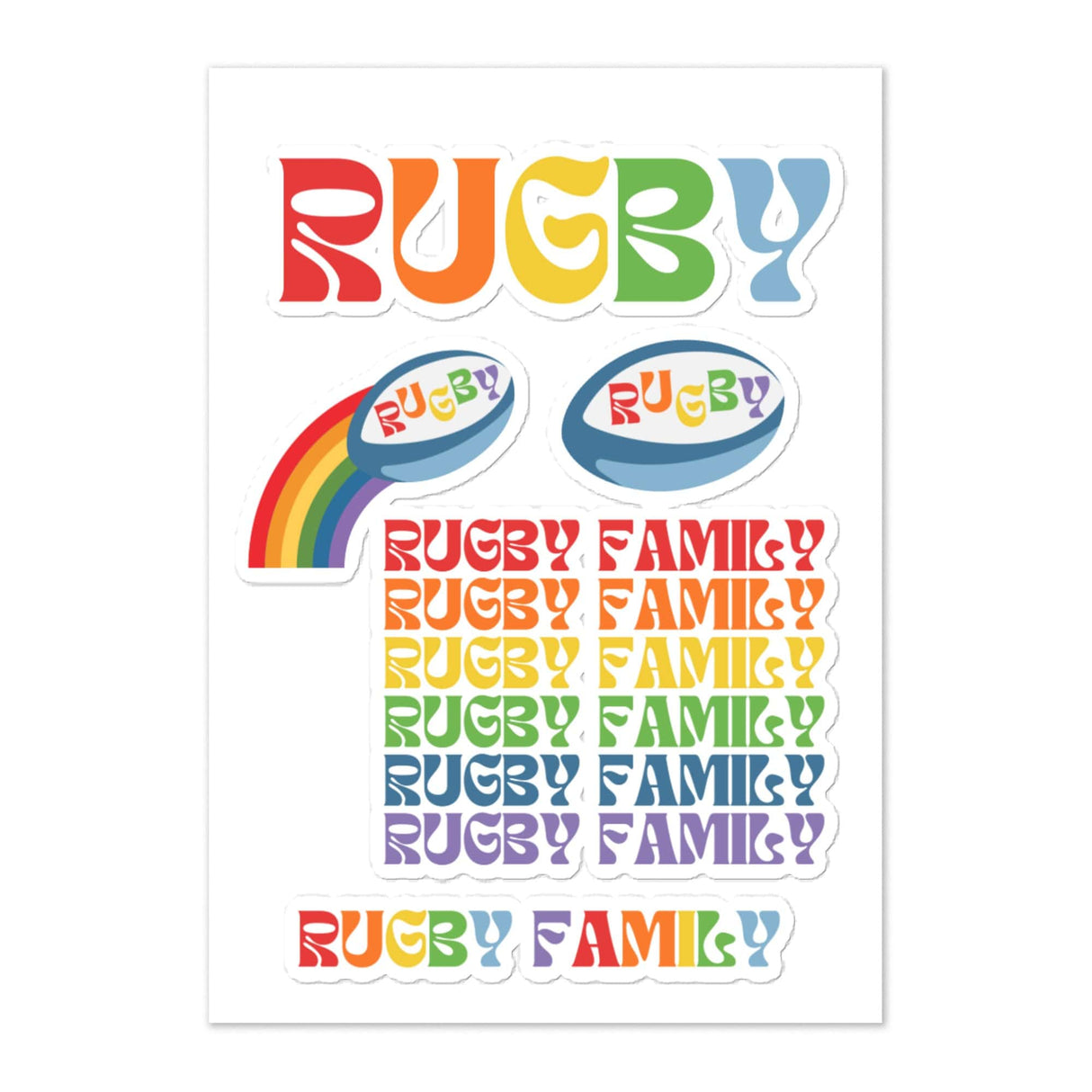 Sticker sheet of rainbow colored designs, including the word 'rugby', a 'rugby family' inscription, and rugby balls.