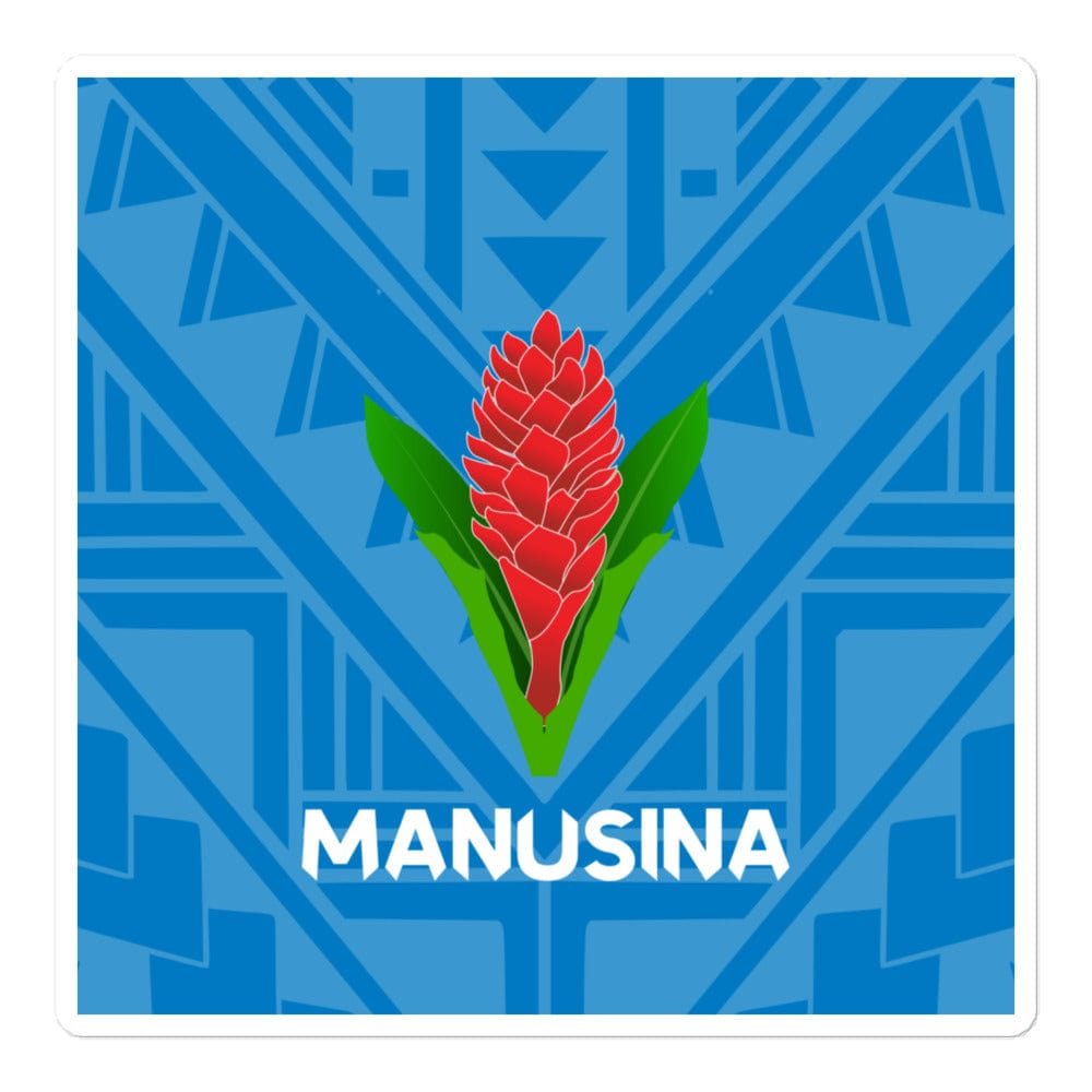 Square sticker with blue on blue geometric design and Manusina logo.