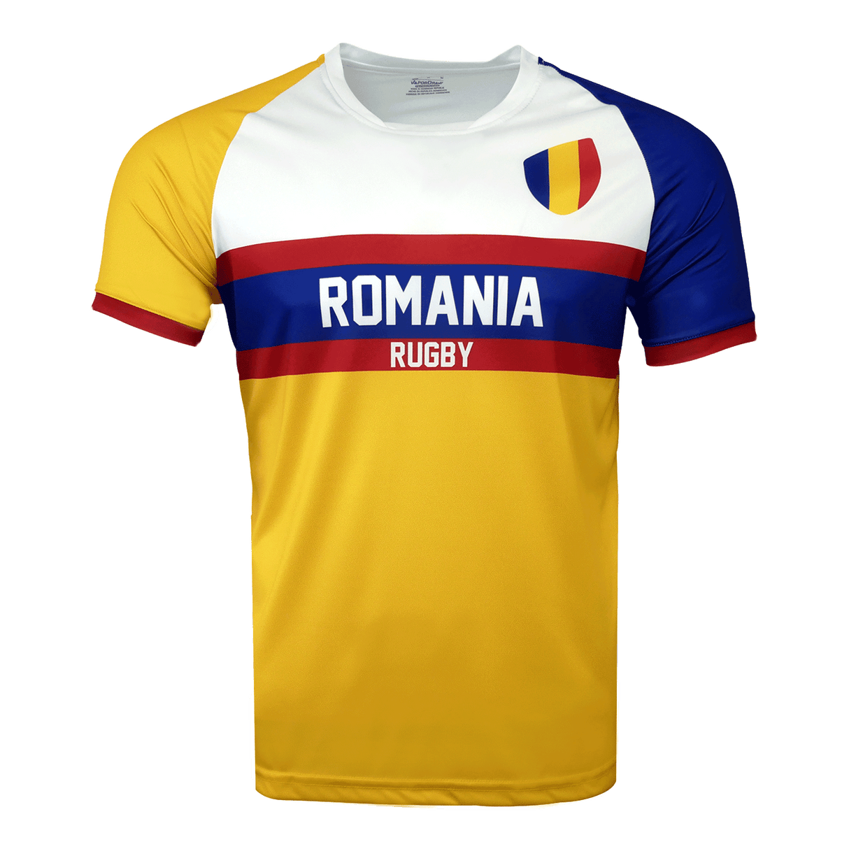 Nation of Rugby Romania shirt in gold, blue and white with the flag crest on the chest. Short sleeves and crew neck