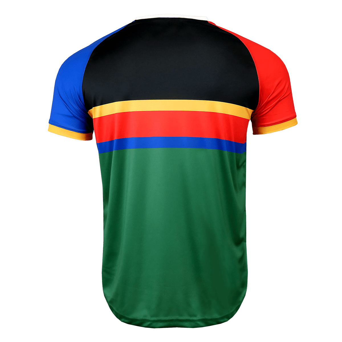 The back of the South Africa Nations Rugby jersey sublimated with blue, red, black, green and gold colors from the SA flag