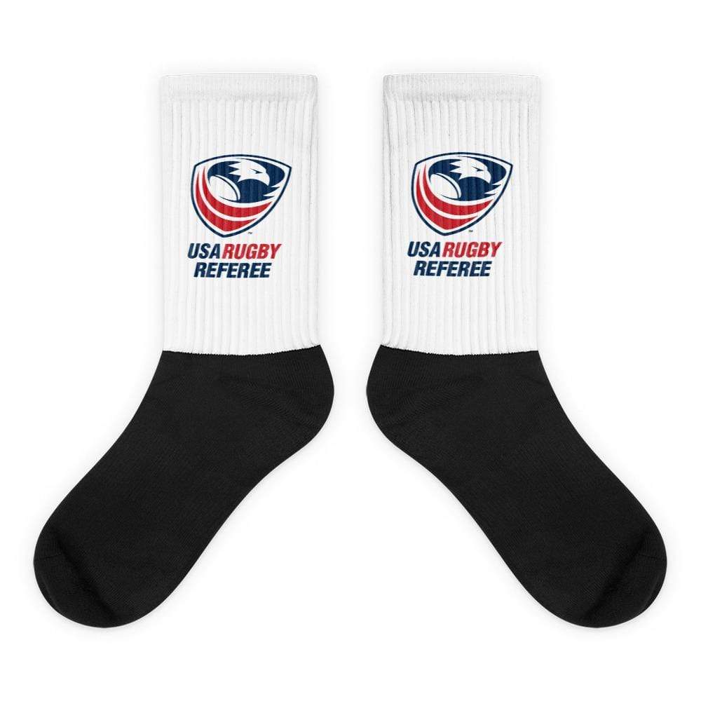 White Socks with USA Rugby Referee Logo on Calf and Black Feet