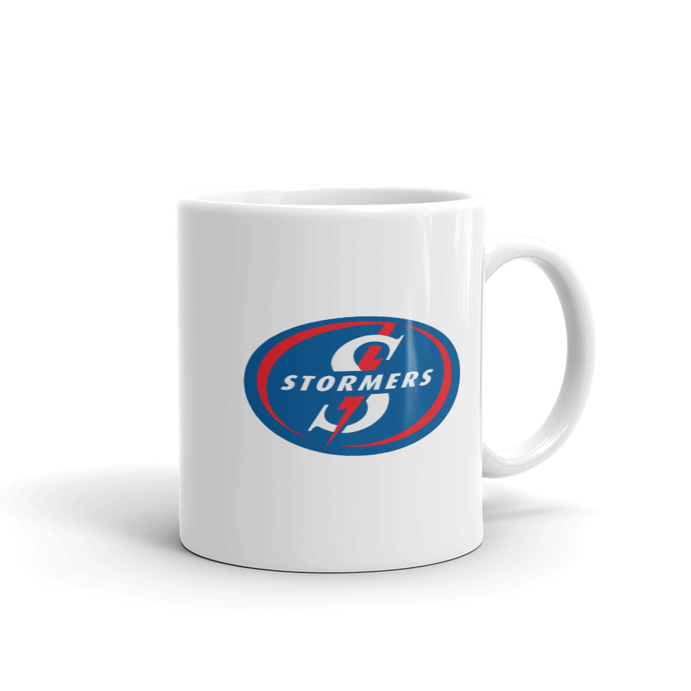 "A Stormers Rugby Mug with the team name printed on a white background."
