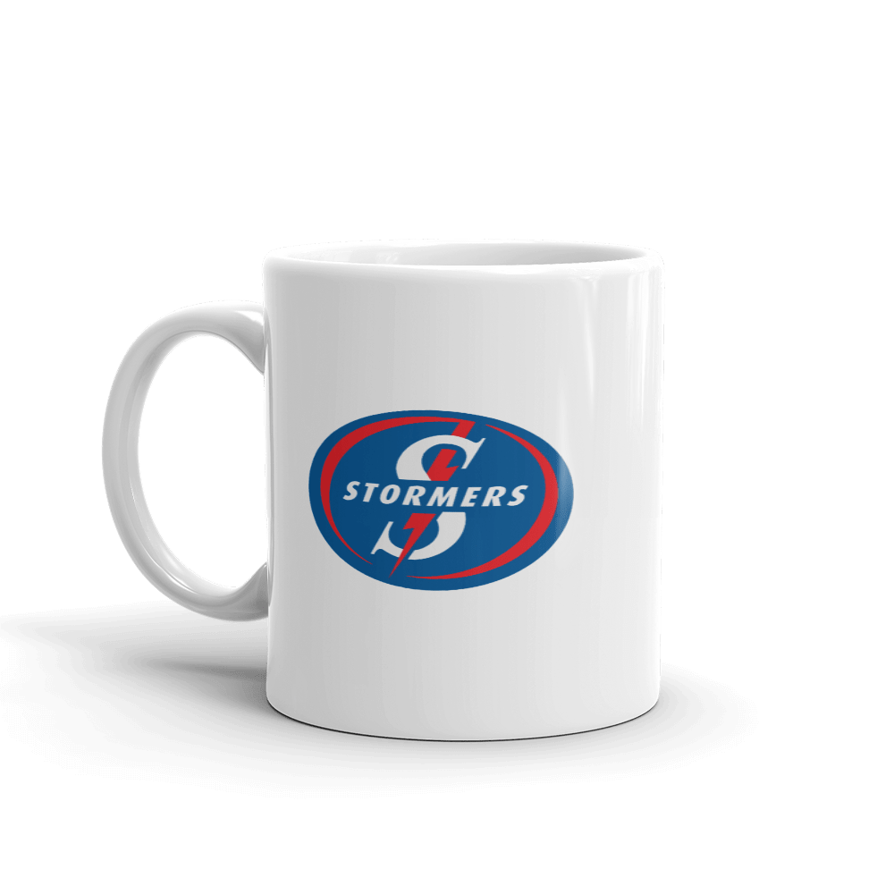 A Stormers Rugby Mug with a blue and red logo.