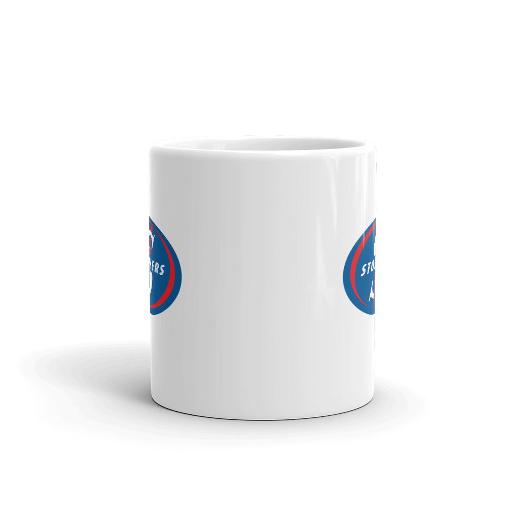 The Stormers Rugby Mug is a white coffee mug with a blue and red circle on it.