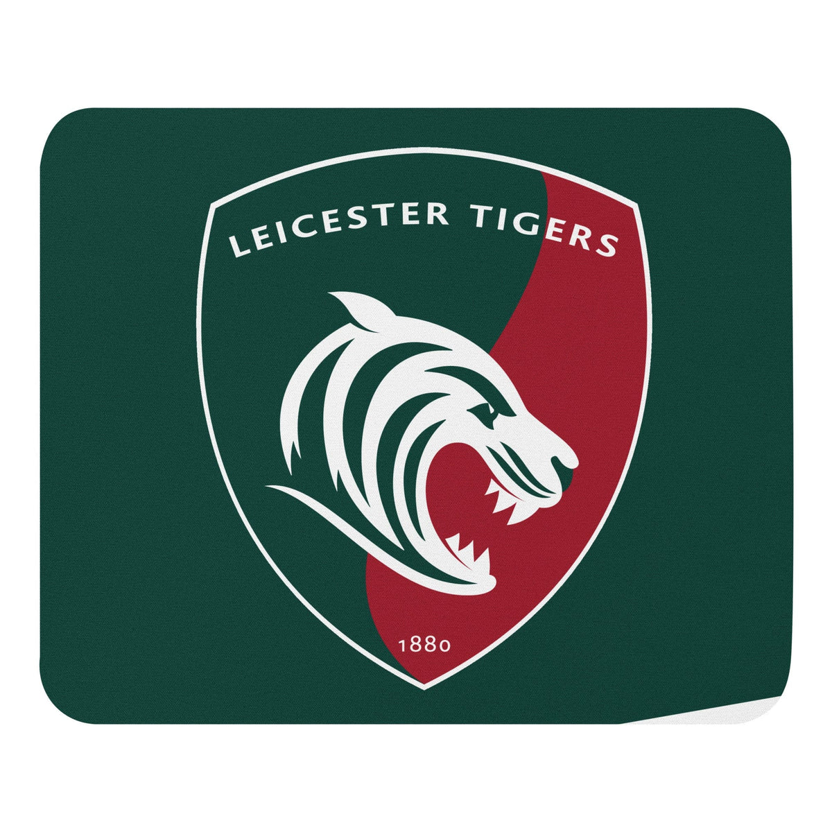 Green mouse pad with a large, green, red, and white Leicester Tigers logo.
