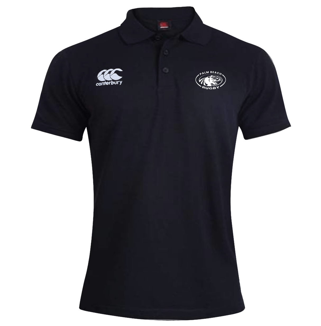 A Palm Beach Panthers Rugby Canterbury Waimak Rugby Polo Black with a white rugby team on it.