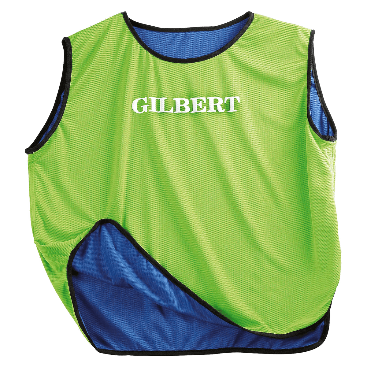 A neon green Gilbert reversible rugby bib with the word GILBERT printed on it.