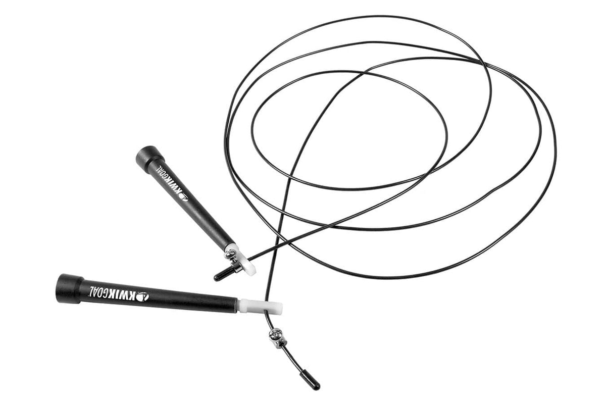 Close Up of Black Jump Rope With Black Handles With Kwik Goal Logos