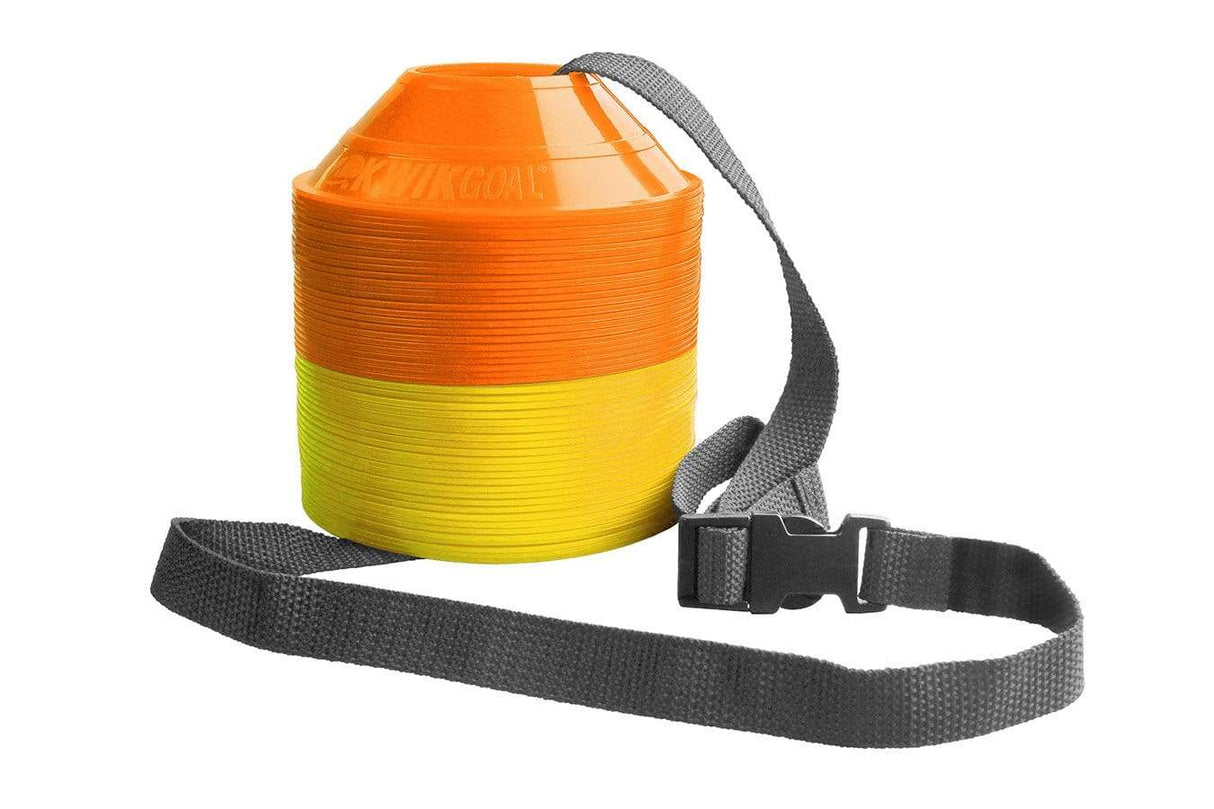 A yellow and orange cup with a strap, perfect for training sessions and used with our Kwik Goal Mini Cones Disc Kit.