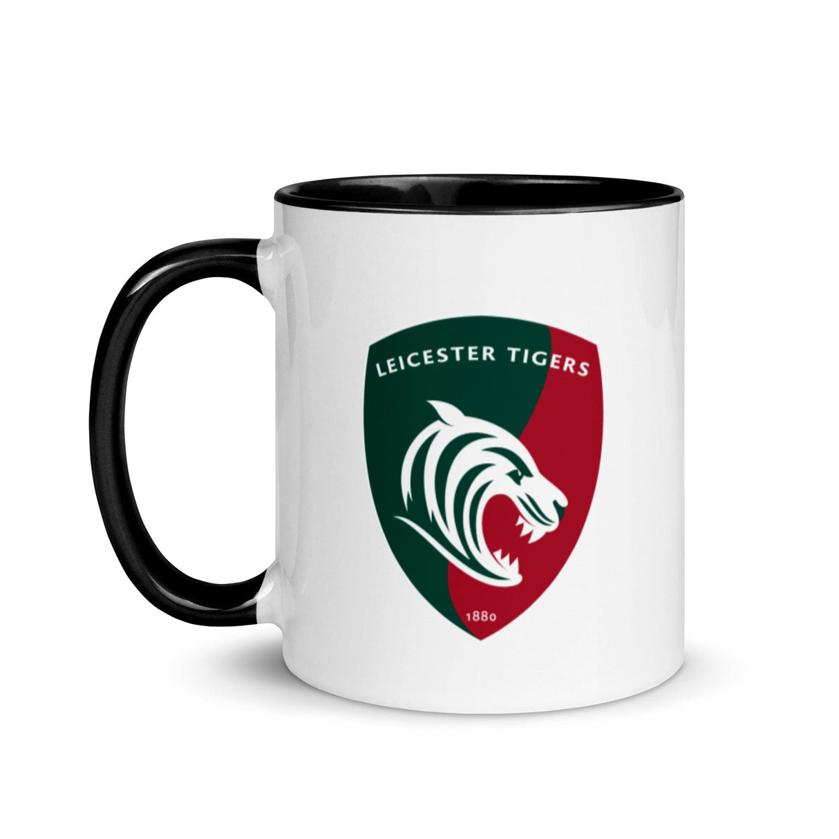White ceramic mug with black handle and interior and a green, red and white Leicester Tigers logo.