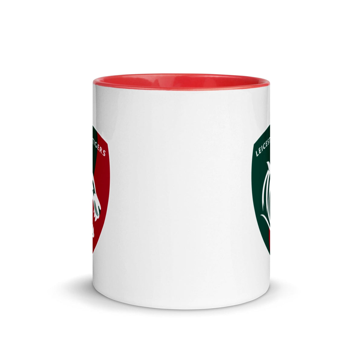 White ceramic mug red interior and a green, red and white Leicester Tigers logo on each side.