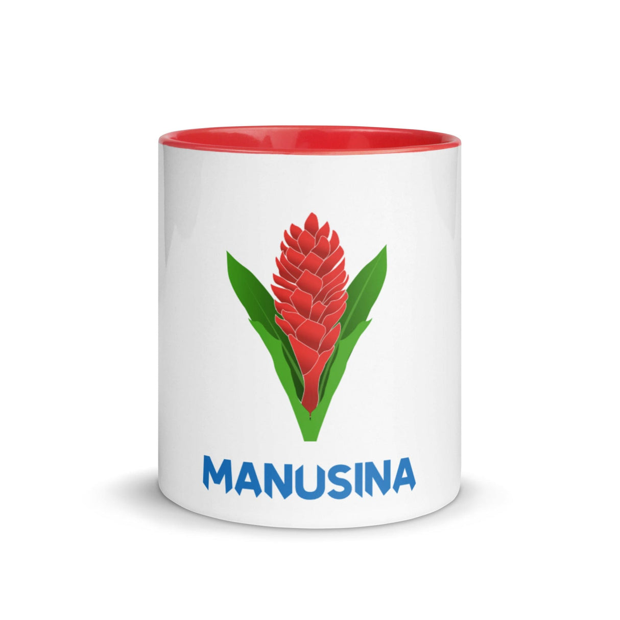 A red Manusina Rugby Mug with the word manusia on it, manufactured by PF LIC.