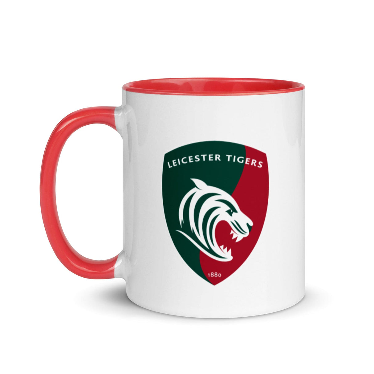 White ceramic mug with red handle and interior and a green, red and white Leicester Tigers logo.